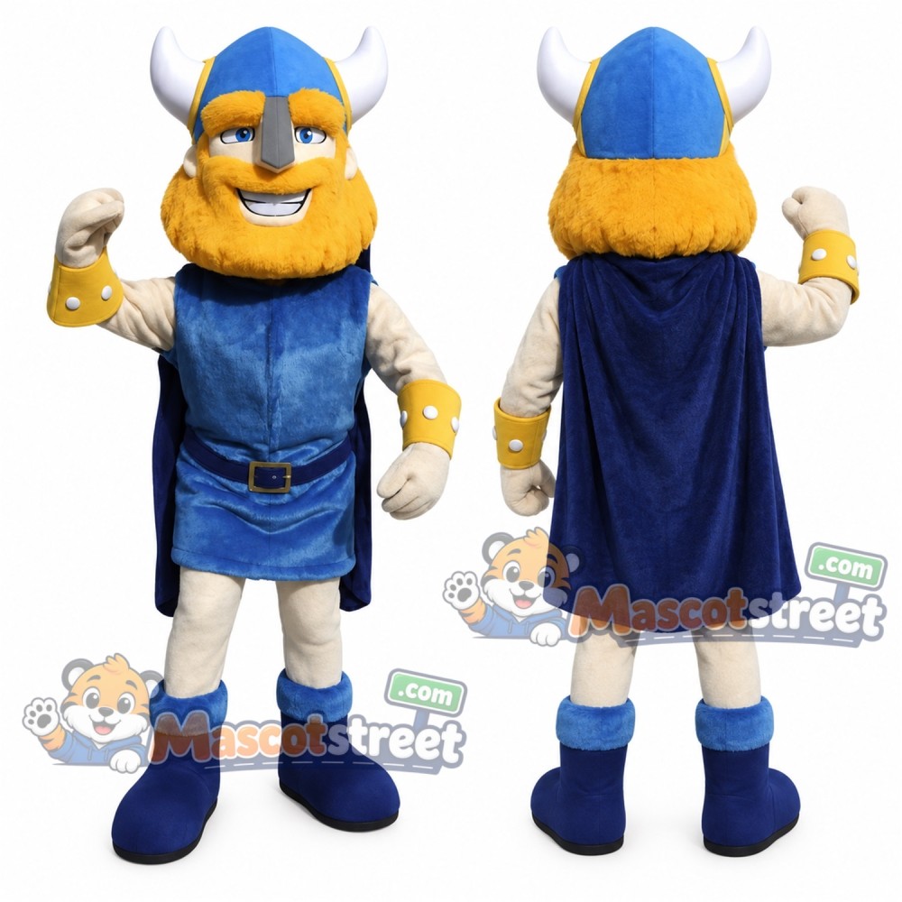 Viking Mascot Costume with Blue Tunic and Blue Helmet