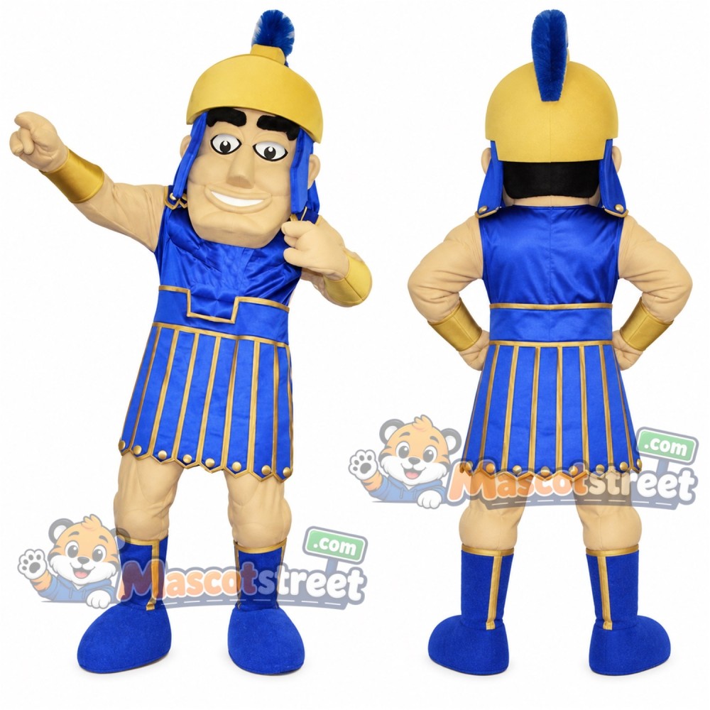 Warrior Mascot Costume with Blue Armor and Yellow Helmet