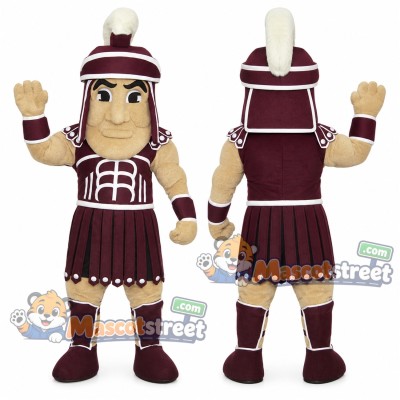Warrior Mascot Costume with Burgundy Armor and Helmet