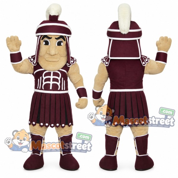 Warrior Mascot Costume with Burgundy Armor and Helmet