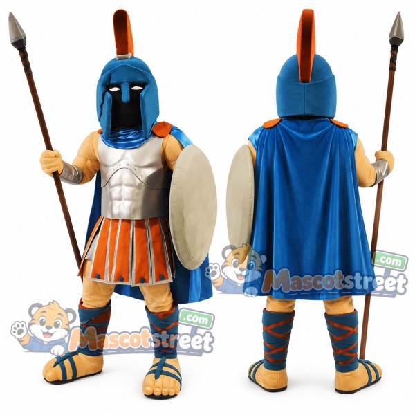 Warrior Mascot Costume with Blue Cape, Silver Chest Plate and Orange Skirt