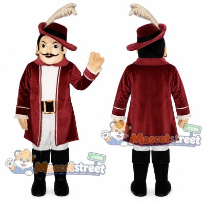 Cavalier Mascot Costume with Burgundy Coat and Feather Hat Cavalier Mascot Costume with Burgundy Coat and Feather Hat