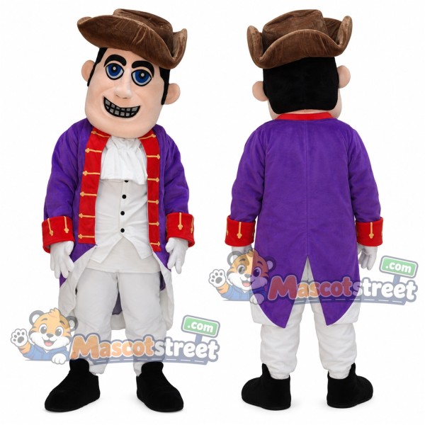 Colonial Man Mascot Costume with Purple Coat, White Trousers and Brown Tricorn Hat