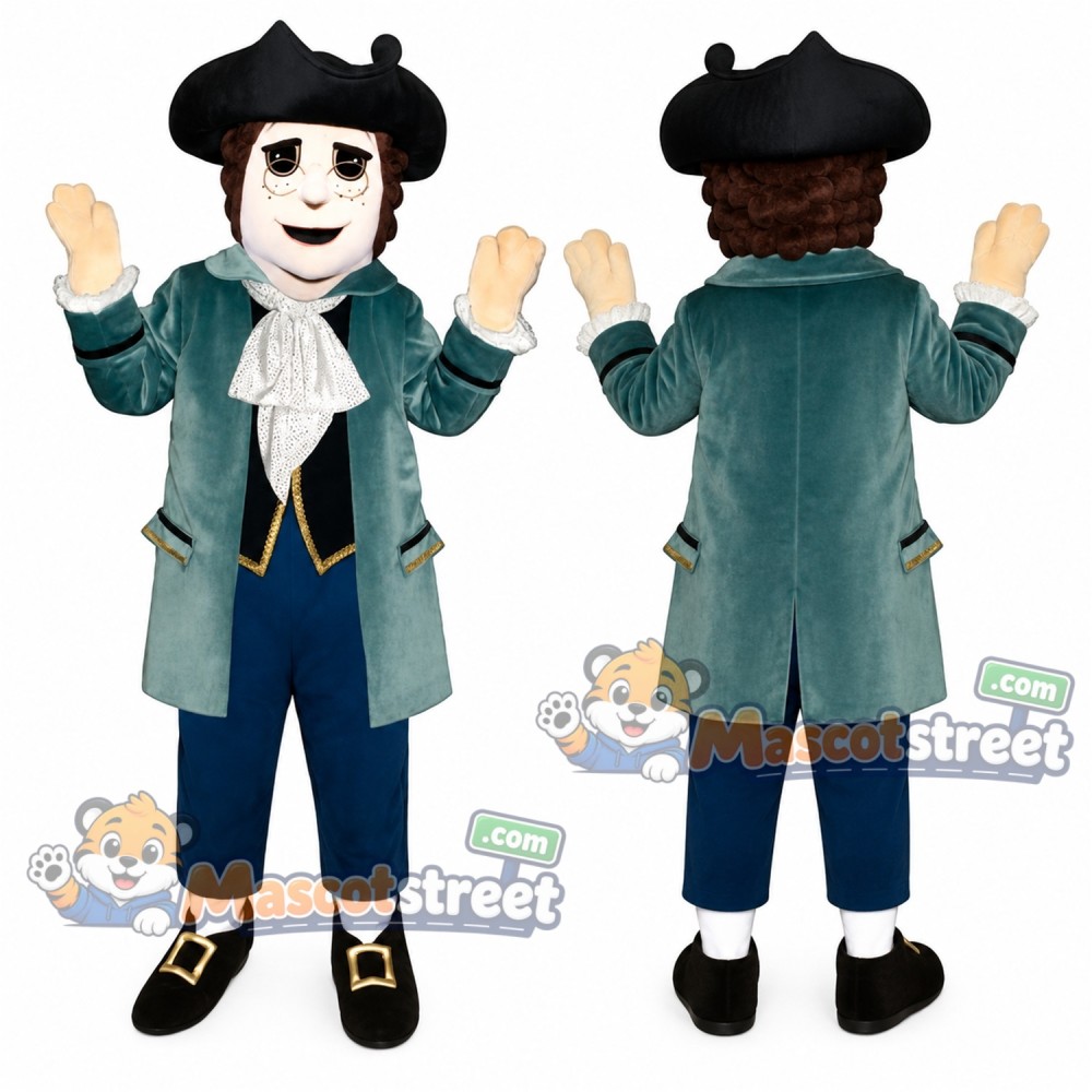 Colonial Man Mascot Costume with Green Coat, Blue Trousers and Black Tricorn Hat Colonial Man Mascot Costume with Green Coat, Blue Trousers and Black Tricorn Hat