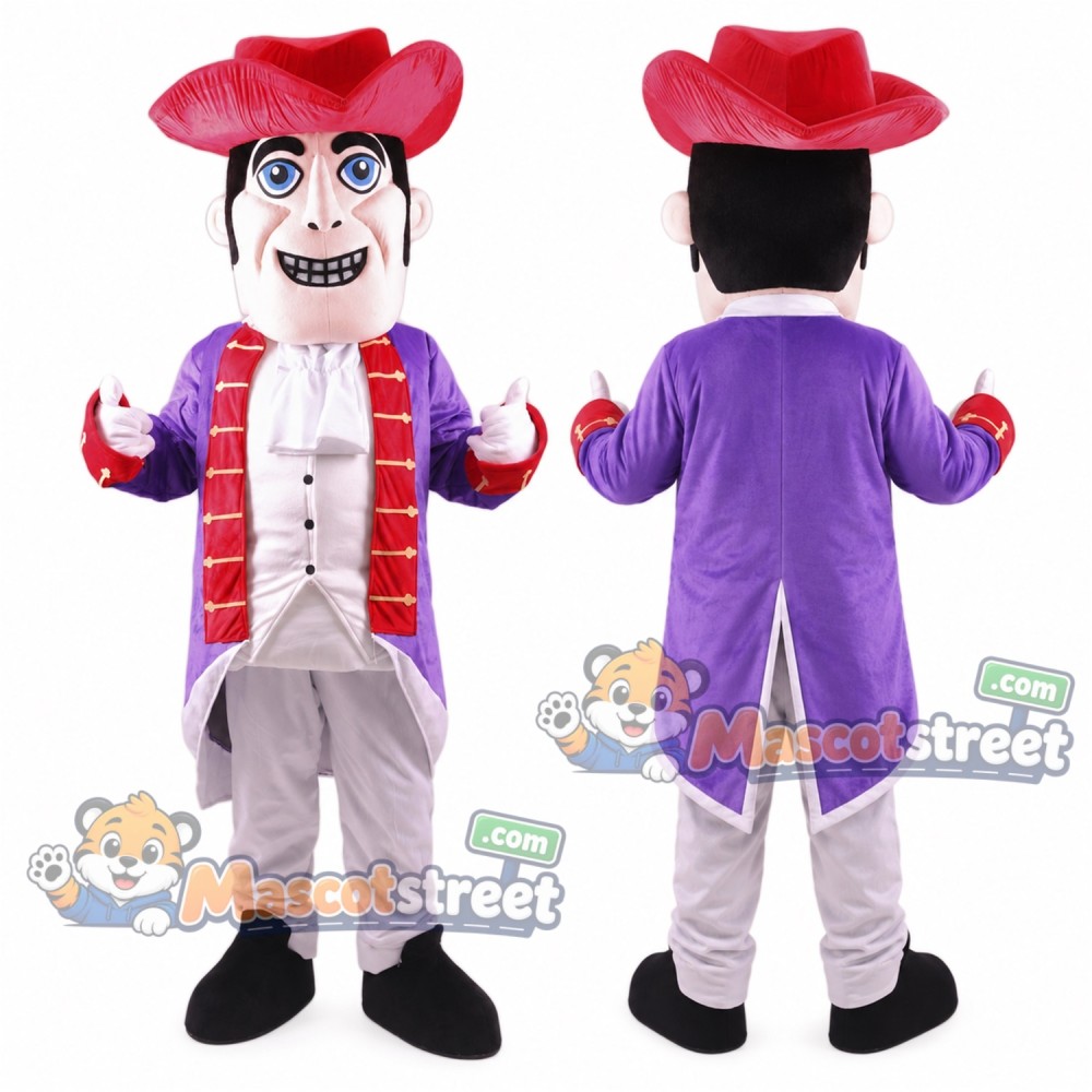 Colonial Man Mascot Costume with Purple Coat, Gray Trousers and Red Tricorn Hat Colonial Man Mascot Costume with Purple Coat, Gray Trousers and Red Tricorn Hat