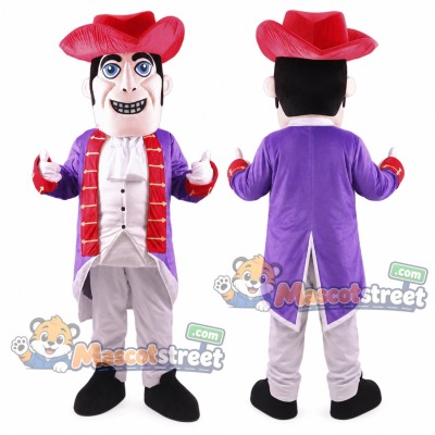 Colonial Man Mascot Costume with Purple Coat, Gray Trousers and Red Tricorn Hat Colonial Man Mascot Costume with Purple Coat, Gray Trousers and Red Tricorn Hat