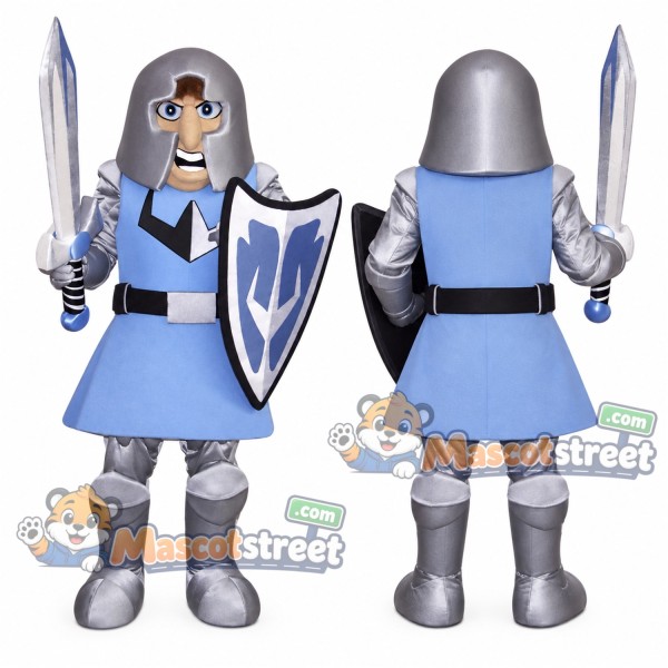 Knight Mascot Costume with Silver Armor and Blue Tunic