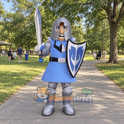 Knight Mascot Costume with Silver Armor and Blue Tunic Knight Mascot Costume with Silver Armor and Blue Tunic