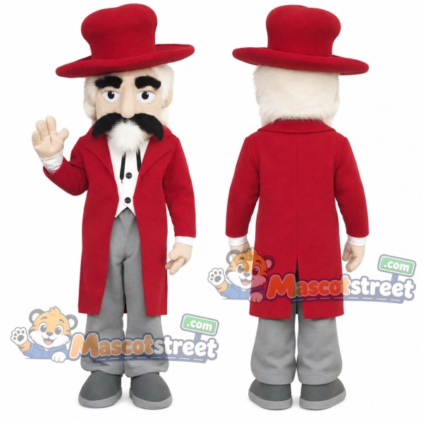 Bearded Man Mascot Costume with Red Coat, Gray Trousers and Red Hat