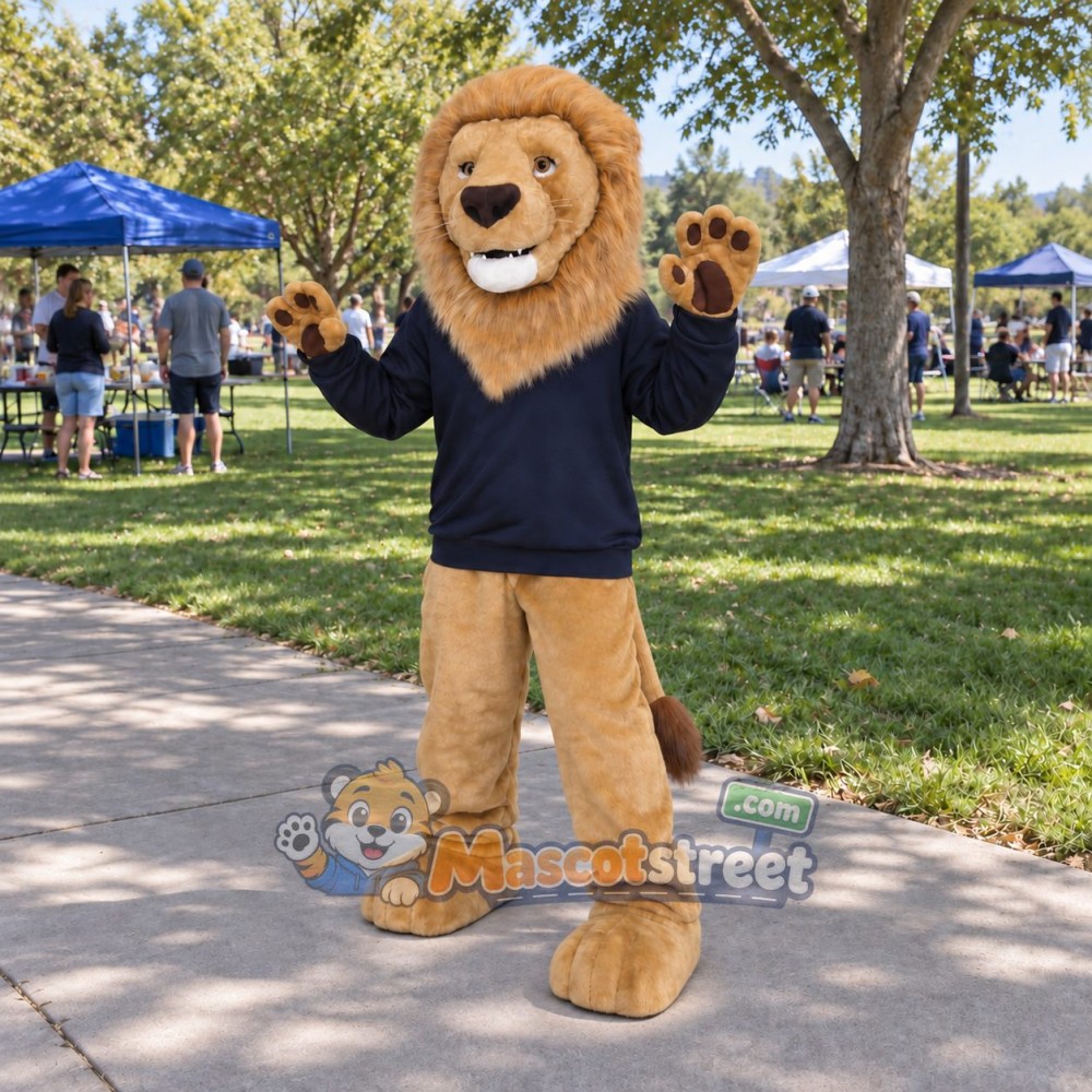 Tan Lion Mascot Costume with Navy Shirt Tan Lion Mascot Costume with Navy Shirt