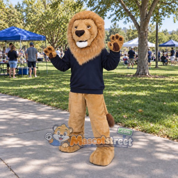 Tan Lion Mascot Costume with Navy Shirt
