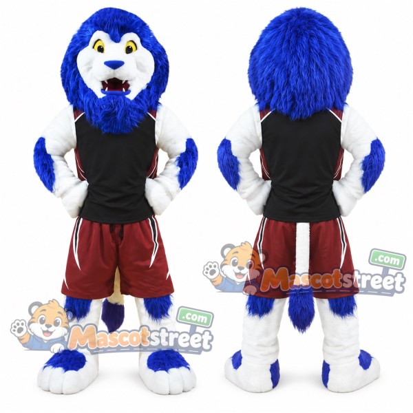Blue and White Lion Mascot Costume with Black Shirt and Burgundy Shorts