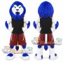 Blue and White Lion Mascot Costume with Black Shirt and Burgundy Shorts