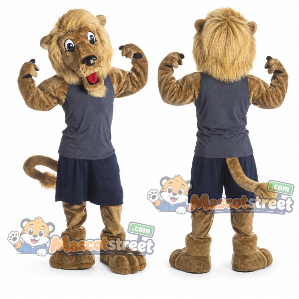 Brown Lion Mascot Costume with Navy Sports Uniform