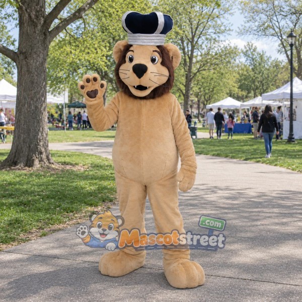 Tan Lion Mascot Costume with Black and White Hat