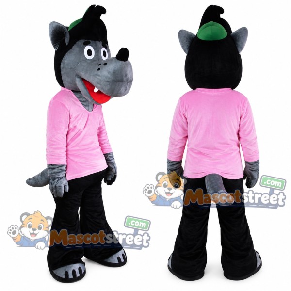 Gray Wolf Mascot Costume with Pink Shirt and Green Hat