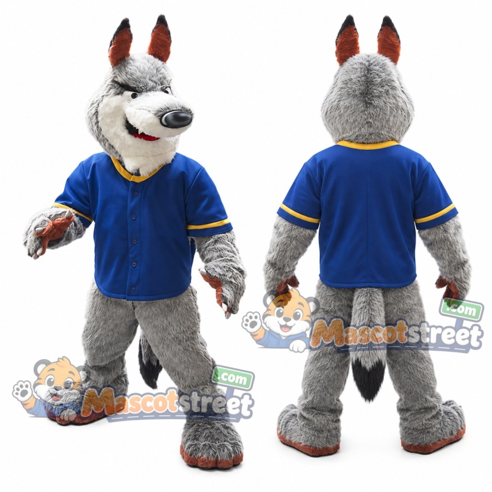 Gray Wolf Mascot Costume with Blue Shirt