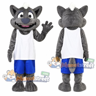 Gray Wolf Mascot Costume with White Vest and Blue Shorts Gray Wolf Mascot Costume with White Vest and Blue Shorts