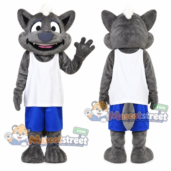 Gray Wolf Mascot Costume with White Vest and Blue Shorts