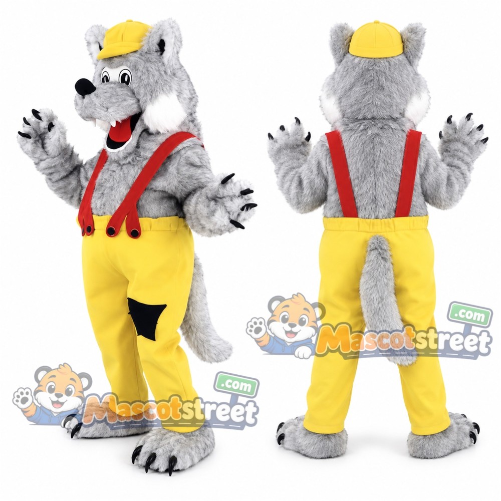 Gray Wolf Mascot Costume with Yellow Trousers, Red Suspenders and Yellow Cap