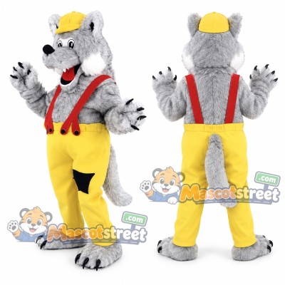 Gray Wolf Mascot Costume with Yellow Trousers, Red Suspenders and Yellow Cap