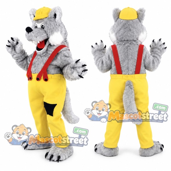 Gray Wolf Mascot Costume with Yellow Trousers, Red Suspenders and Yellow Cap