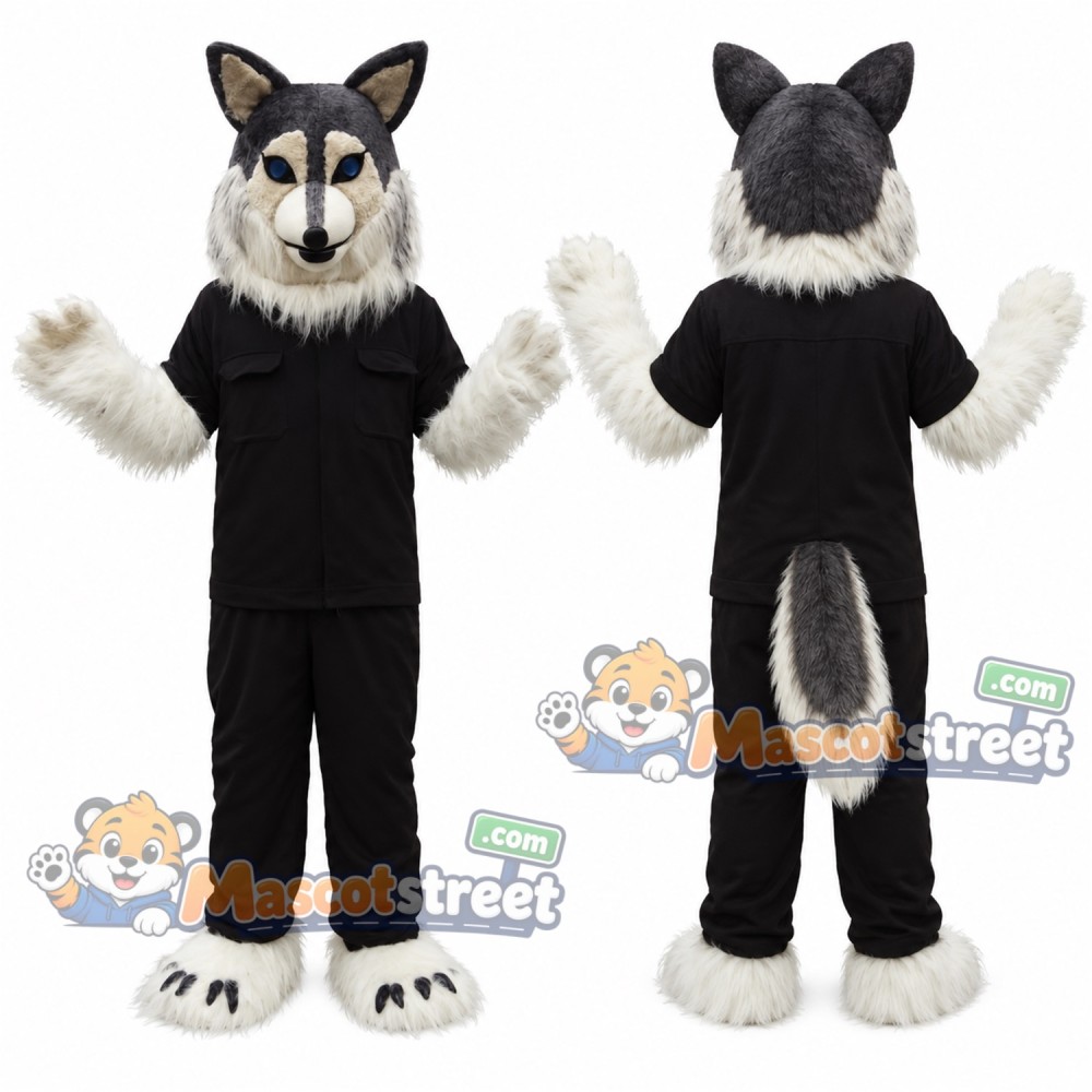 Gray Husky Mascot Costume with Black Shirt and Black Trousers