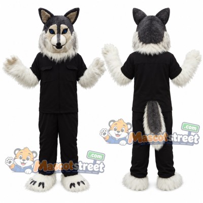Gray Husky Mascot Costume with Black Shirt and Black Trousers