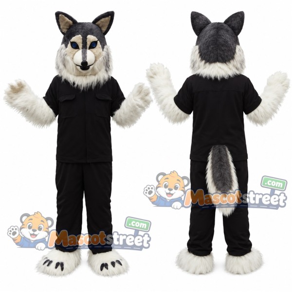 Gray Husky Mascot Costume with Black Shirt and Black Trousers
