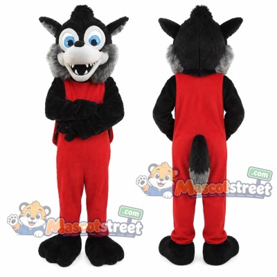 Gray Wolf Mascot Costume with Red Overalls