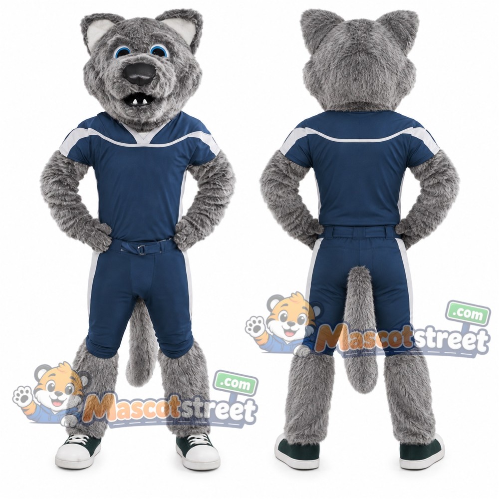 Gray Wolf Mascot Costume with Navy Sports Uniform