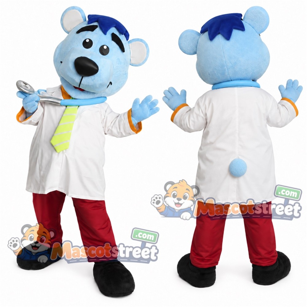 Blue Bear Mascot Costume with White Doctor Coat and Red Trousers
