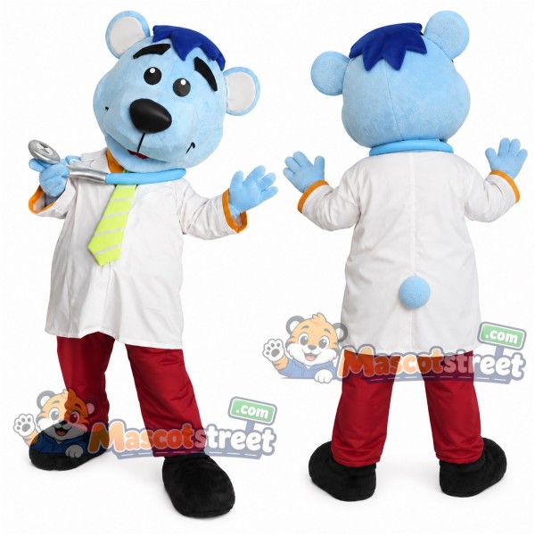 Blue Bear Mascot Costume with White Doctor Coat and Red Trousers