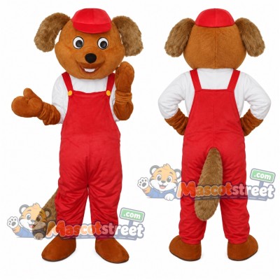Brown Beaver Mascot Costume with Red Overalls and Red Cap