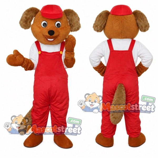 Brown Beaver Mascot Costume with Red Overalls and Red Cap