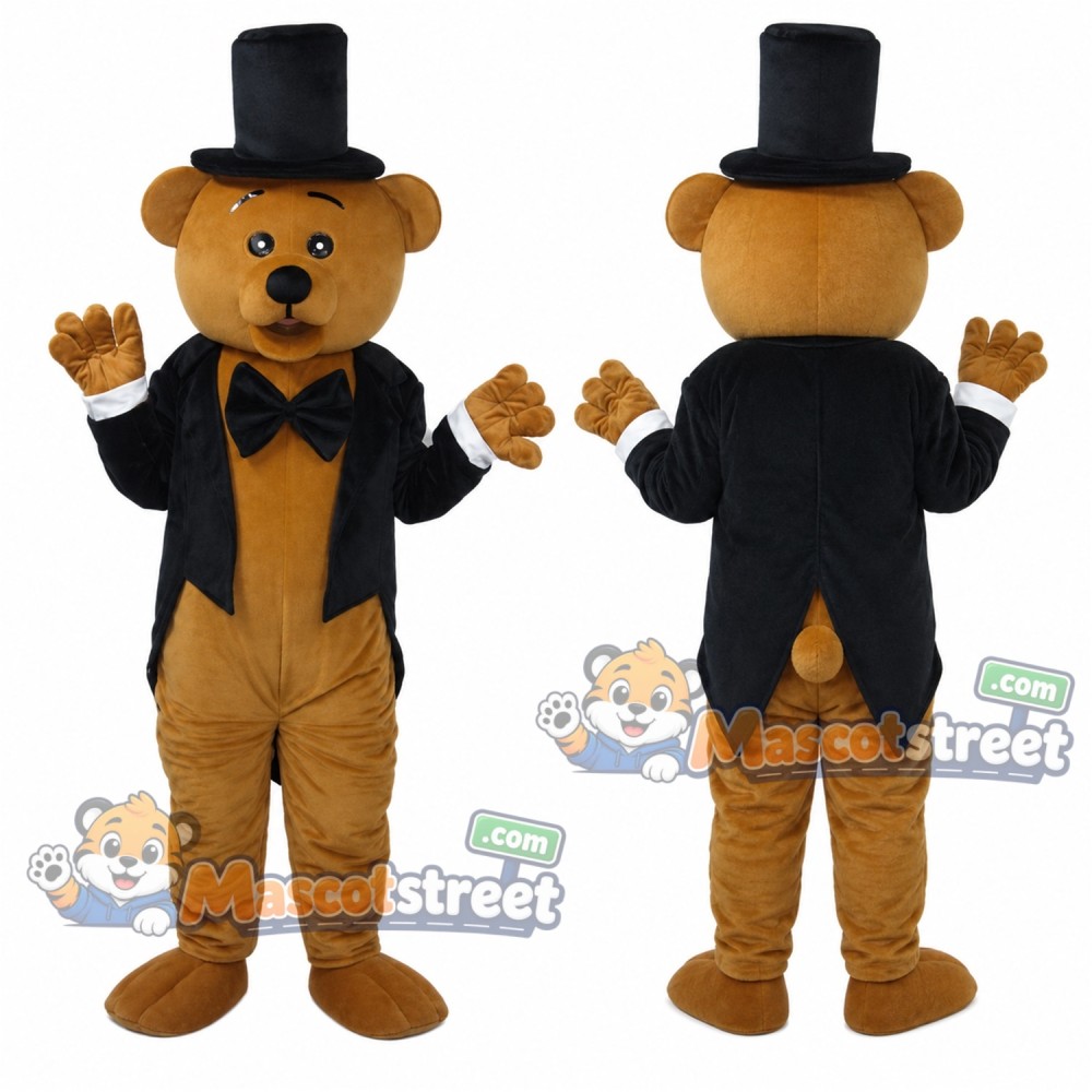 Brown Bear Mascot Costume with Black Tailcoat and Black Top Hat Brown Bear Mascot Costume with Black Tailcoat and Black Top Hat