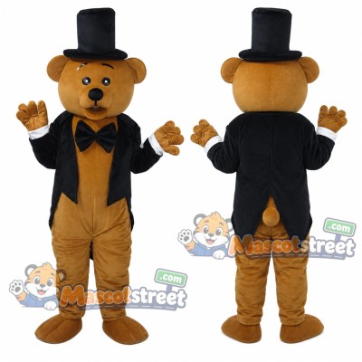 Brown Bear Mascot Costume with Black Tailcoat and Black Top Hat Brown Bear Mascot Costume with Black Tailcoat and Black Top Hat