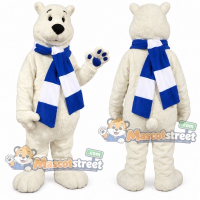 White Polar Bear Mascot Costume with Blue Striped Scarf White Polar Bear Mascot Costume with Blue Striped Scarf