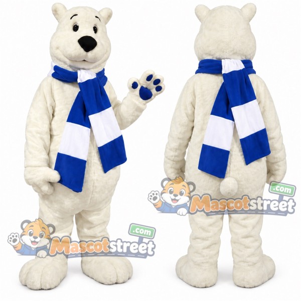 White Polar Bear Mascot Costume with Blue Striped Scarf