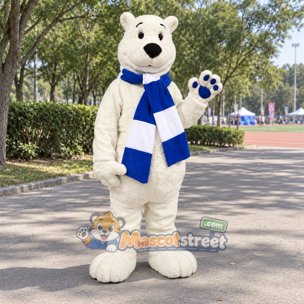 White Polar Bear Mascot Costume with Blue Striped Scarf White Polar Bear Mascot Costume with Blue Striped Scarf