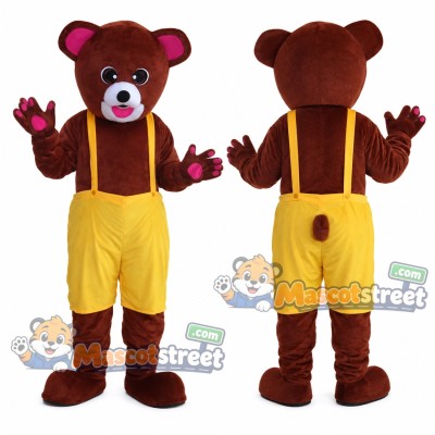 Burgundy Bear Mascot Costume with Yellow Overalls