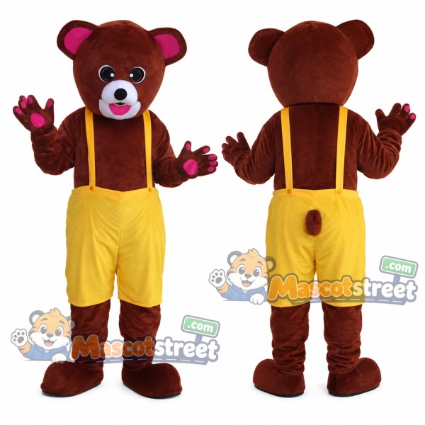 Burgundy Bear Mascot Costume with Yellow Overalls