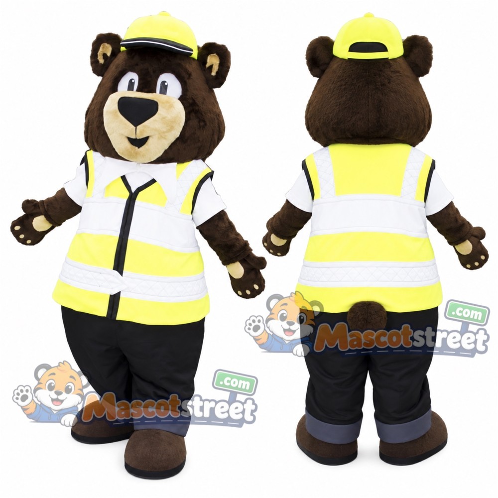 Brown Bear Mascot Costume with High Visibility Vest, Black Trousers and Yellow Cap Brown Bear Mascot Costume with High Visibility Vest, Black Trousers and Yellow Cap