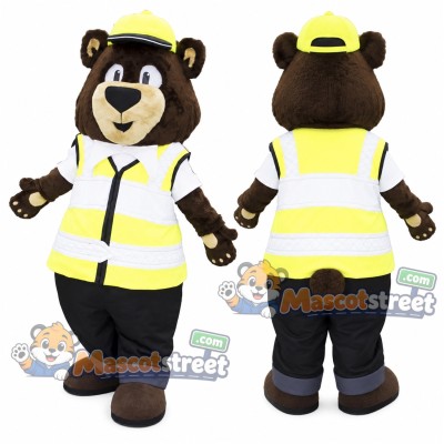 Brown Bear Mascot Costume with High Visibility Vest, Black Trousers and Yellow Cap Brown Bear Mascot Costume with High Visibility Vest, Black Trousers and Yellow Cap