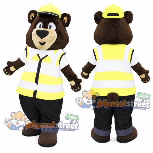 Brown Bear Mascot Costume with High Visibility Vest, Black Trousers and Yellow Cap