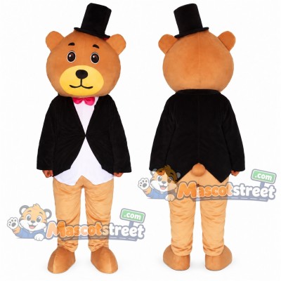 Brown Bear Mascot Costume with Black Tuxedo and Top Hat Brown Bear Mascot Costume with Black Tuxedo and Top Hat