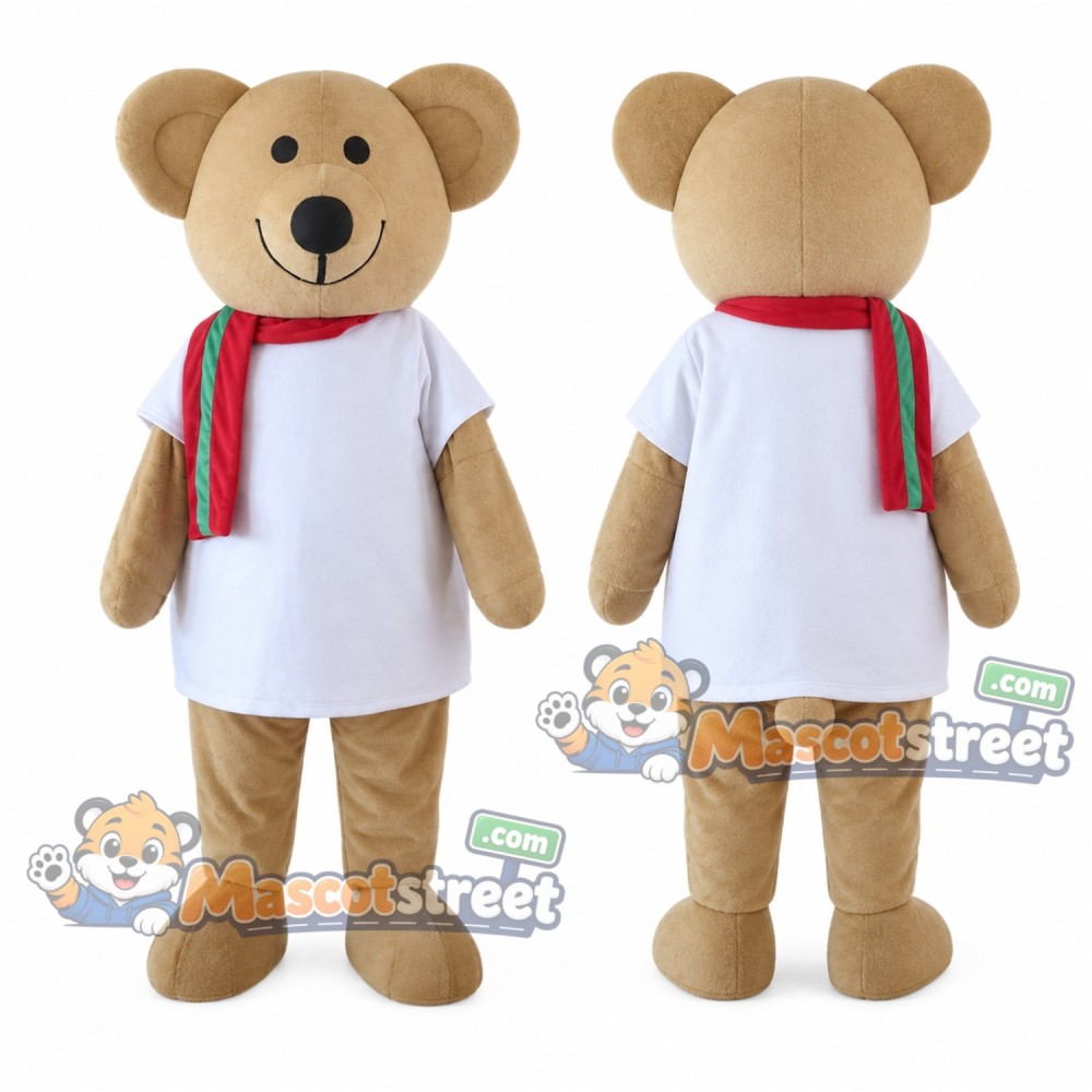 Tan Bear Mascot Costume with White Shirt and Striped Scarf