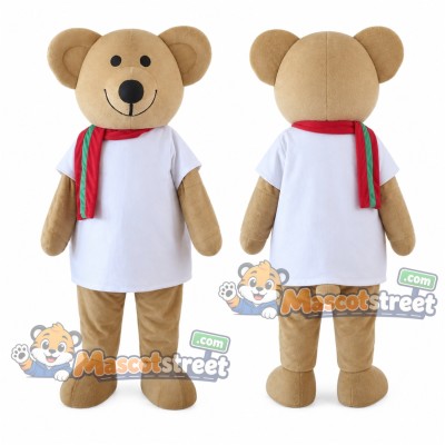 Tan Bear Mascot Costume with White Shirt and Striped Scarf