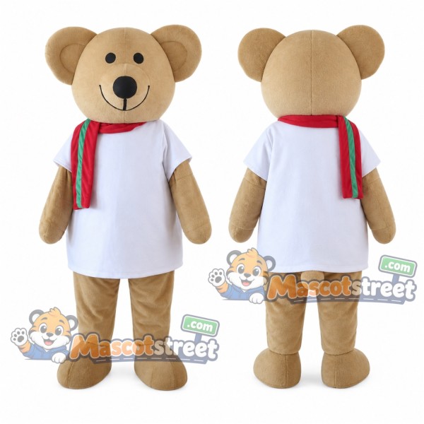 Tan Bear Mascot Costume with White Shirt and Striped Scarf