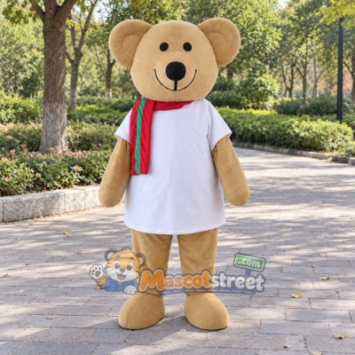 Tan Bear Mascot Costume with White Shirt and Striped Scarf Tan Bear Mascot Costume with White Shirt and Striped Scarf
